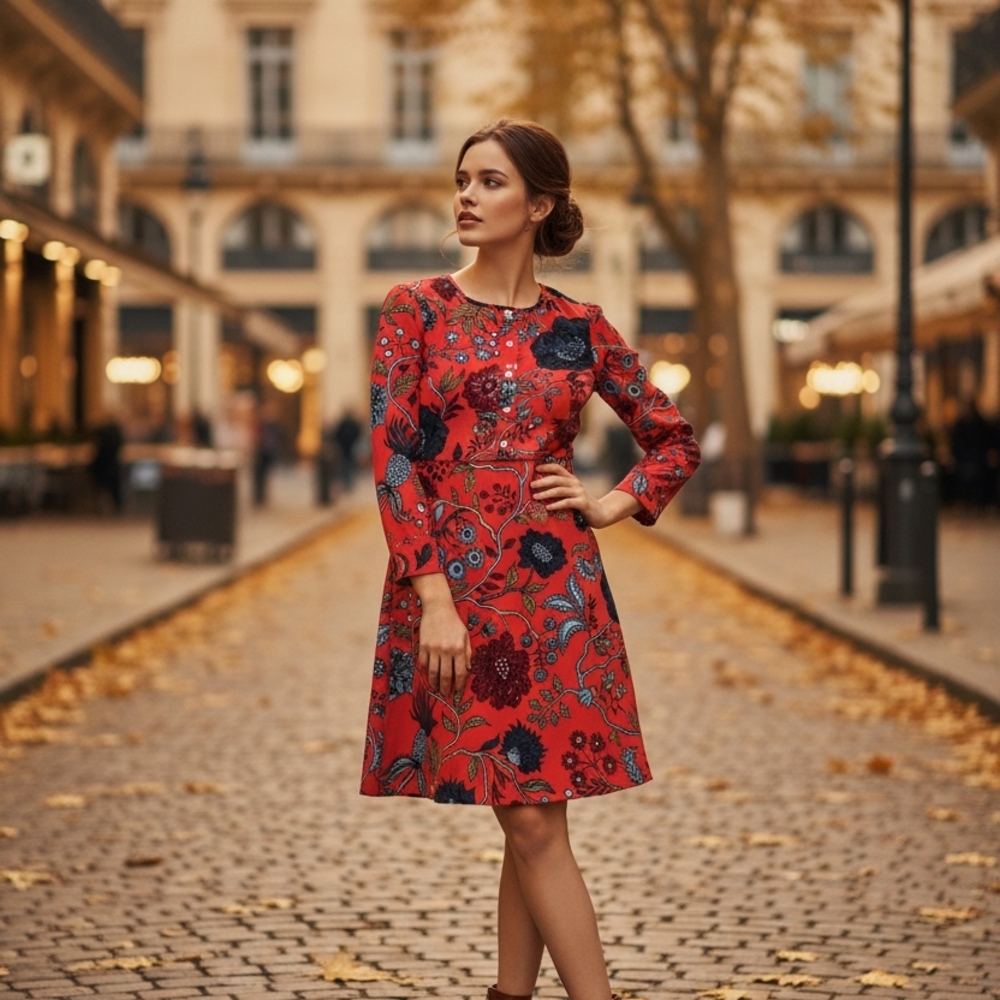 LOFT Red and Blue Floral Long Sleeve Dress